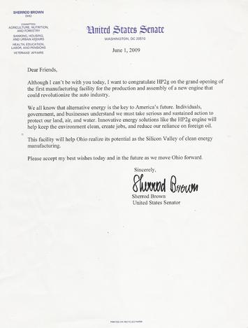Sherrod Brown US Senator Support Letter HP2g 110mpg fuel economy V8 engine