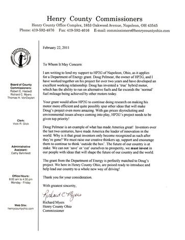 HP2g Letter of Support from Henry County Commissioner Myers at US DOE