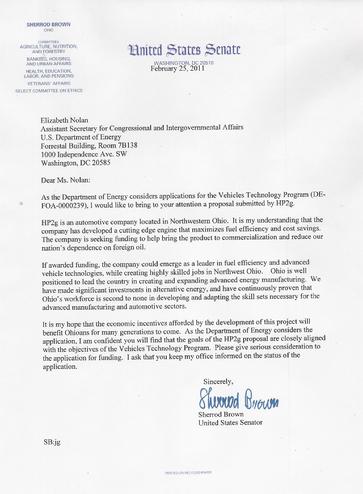 US Senator Sherrod Brown Letter of Support US DOE Grant HP2g 110mpg V8 E85 Hybrid Electric