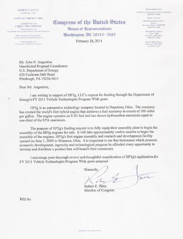 US Congressman Latta Letter of Support for HP2g to US DOE grant